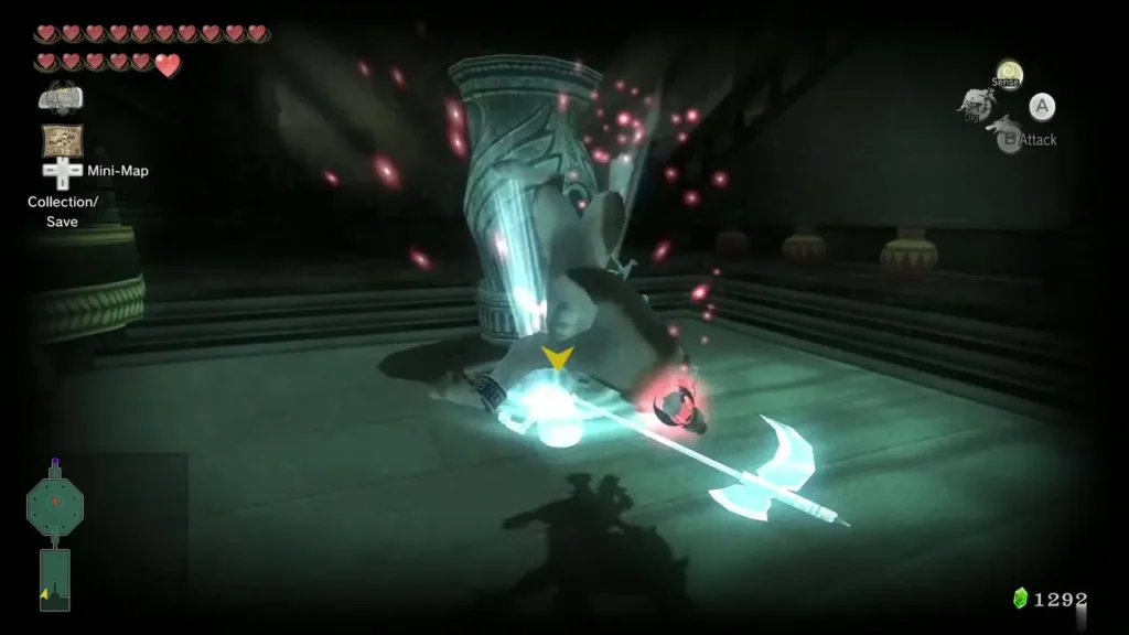 Wolf Link striking a Poe in the Hidden Village past room by a stone pillar Wolf Link striking a Poe in the Hidden Village past room by a stone pillar