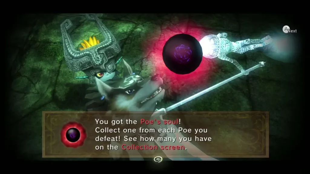 Poe's soul message box fully shown with Wolf Link and Midna after the Poe is defeated Poe's soul message box fully shown with Wolf Link and Midna after the Poe is defeated