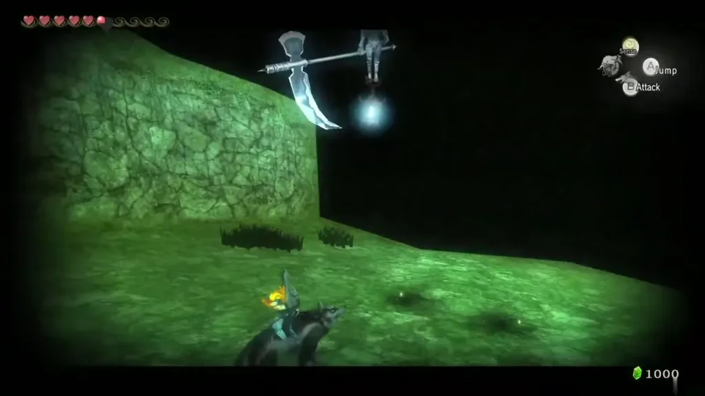 A Poe with its scythe raised above a mossy stone wall at night A Poe with its scythe raised above a mossy stone wall at night