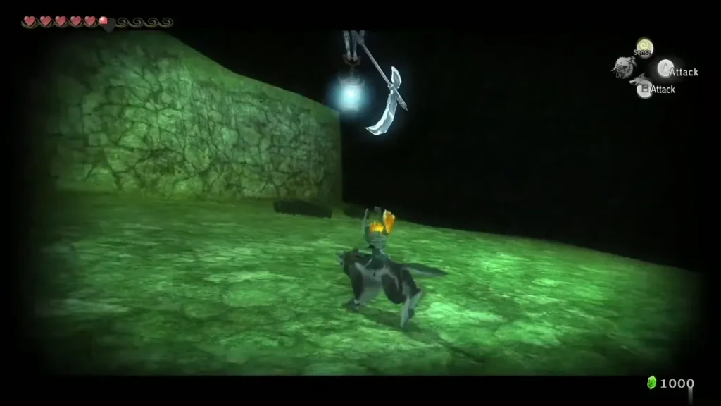 Wolf Link and Midna looking up at the Poe hovering over the grass Wolf Link and Midna looking up at the Poe hovering over the grass