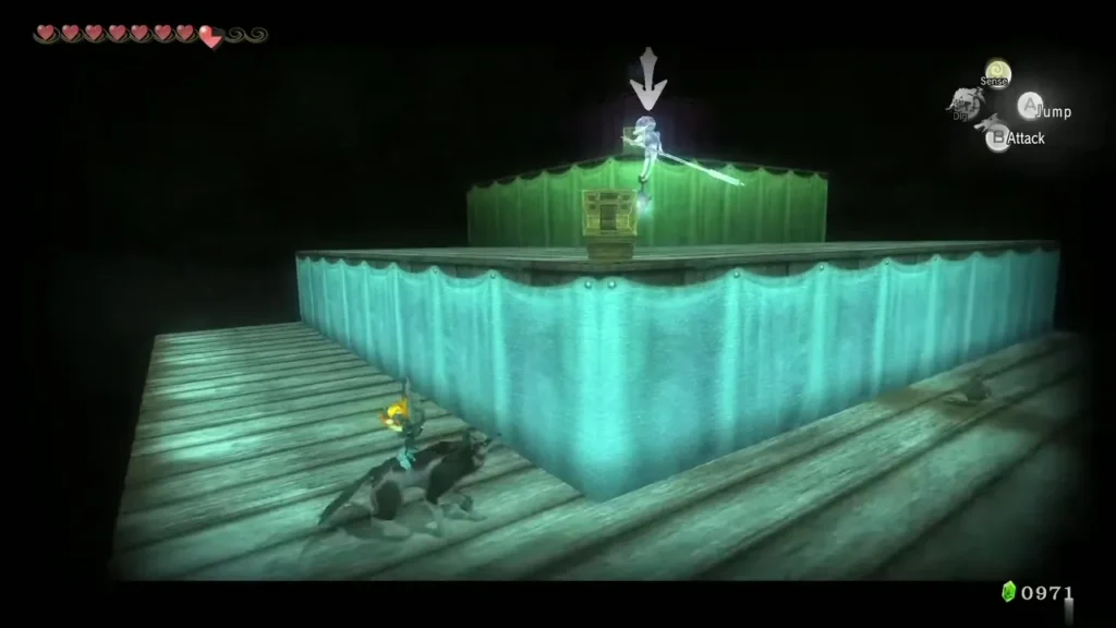 A Poe hovering above the wooden platform on the island at night A Poe hovering above the wooden platform on the island at night
