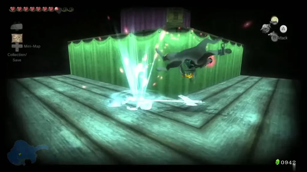 Wolf Link striking the Poe on the wooden platform Wolf Link striking the Poe on the wooden platform
