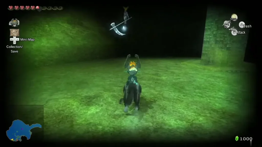 A Poe floating above the grass at night as Wolf Link and Midna approach it A Poe floating above the grass at night as Wolf Link and Midna approach it