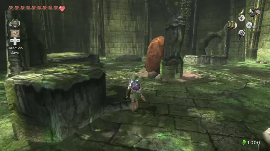 Link standing beside a large red boulder in the open ground of the clearing Link standing beside a large red boulder in the open ground of the clearing