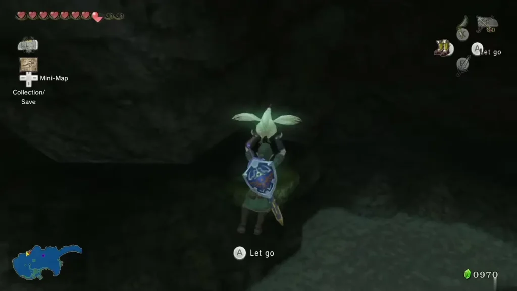 Link holding a Cucco overhead to glide through the dark cavern air Link holding a Cucco overhead to glide through the dark cavern air