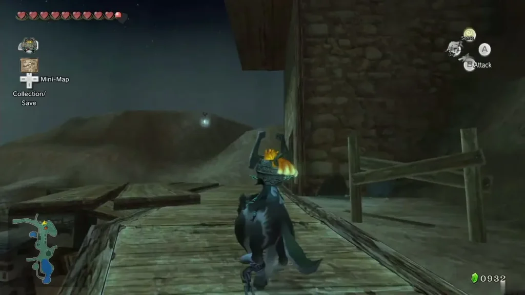 Wolf Link on the wooden walkway beside the stone lookout tower at night Wolf Link on the wooden walkway beside the stone lookout tower at night
