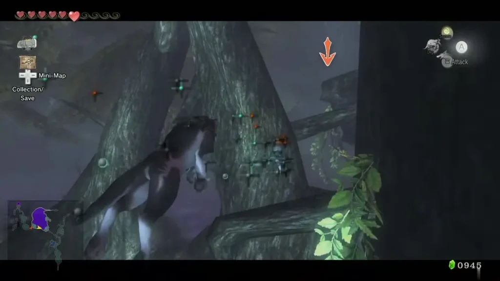 Wolf Link making a Midna jump between tree trunks toward the circular area Wolf Link making a Midna jump between tree trunks toward the circular area