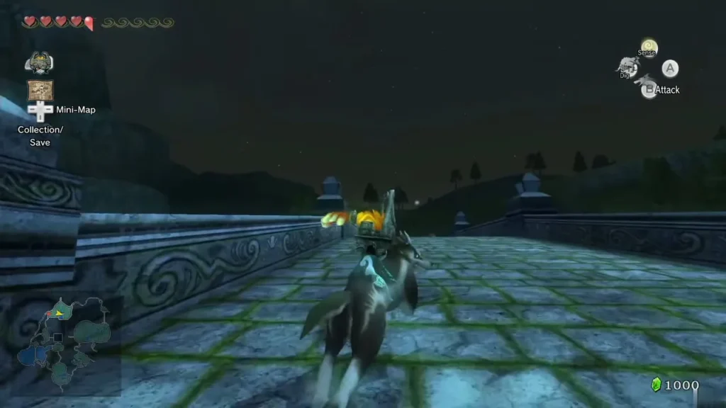 Wolf Link and Midna crossing a carved stone bridge in the field at night Wolf Link and Midna crossing a carved stone bridge in the field at night