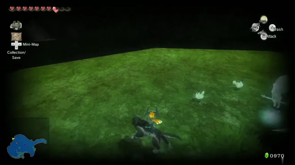 Wolf Link on a grassy platform beside Cuccos with a Poe's light drifting nearby Wolf Link on a grassy platform beside Cuccos with a Poe's light drifting nearby
