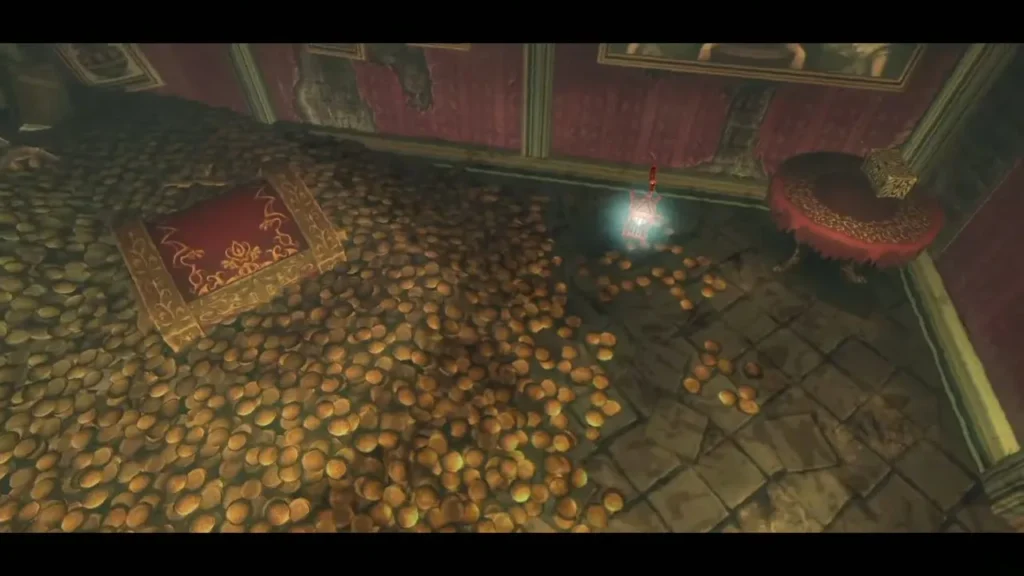 Poe hovering over a heap of gold coins in Jovani's house in Castle Town Poe hovering over a heap of gold coins in Jovani's house in Castle Town