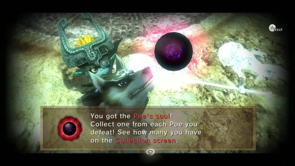 Poe's soul message box fully shown with Midna and Wolf Link in the dark cavern Poe's soul message box fully shown with Midna and Wolf Link in the dark cavern