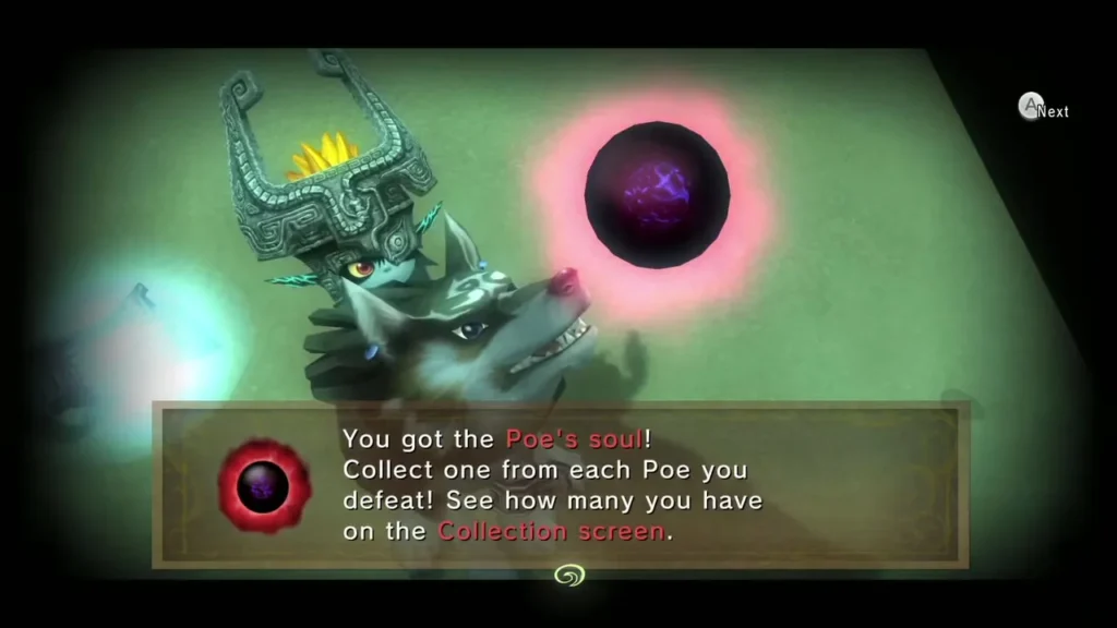 Message box announcing the Poe soul with Midna and Wolf Link Message box announcing the Poe soul with Midna and Wolf Link
