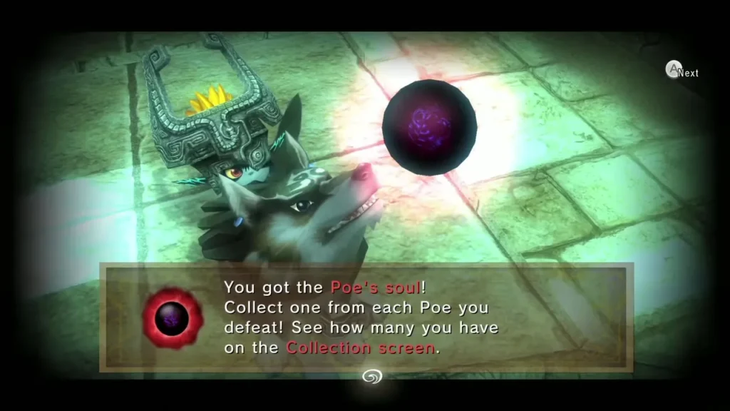 Message box announcing the Poe soul with Midna and Wolf Link Message box announcing the Poe soul with Midna and Wolf Link