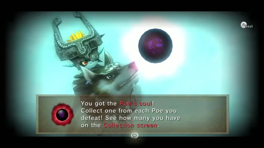 Message box announcing the Poe soul with Midna and Wolf Link Message box announcing the Poe soul with Midna and Wolf Link