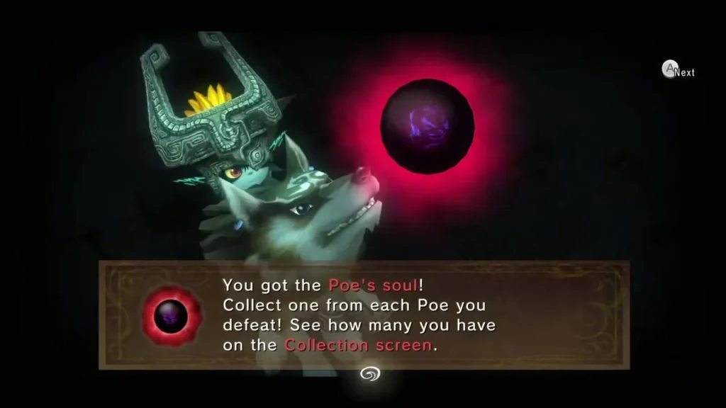 Message box announcing the Poe soul with Midna and Wolf Link Message box announcing the Poe soul with Midna and Wolf Link