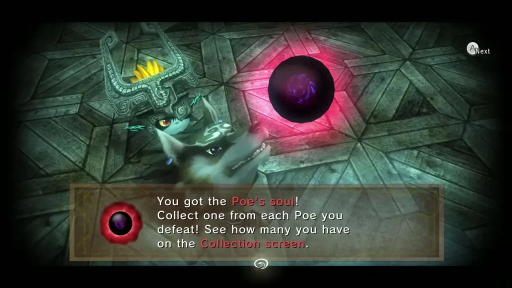 Message box announcing the Poe soul with Midna and Wolf Link Message box announcing the Poe soul with Midna and Wolf Link