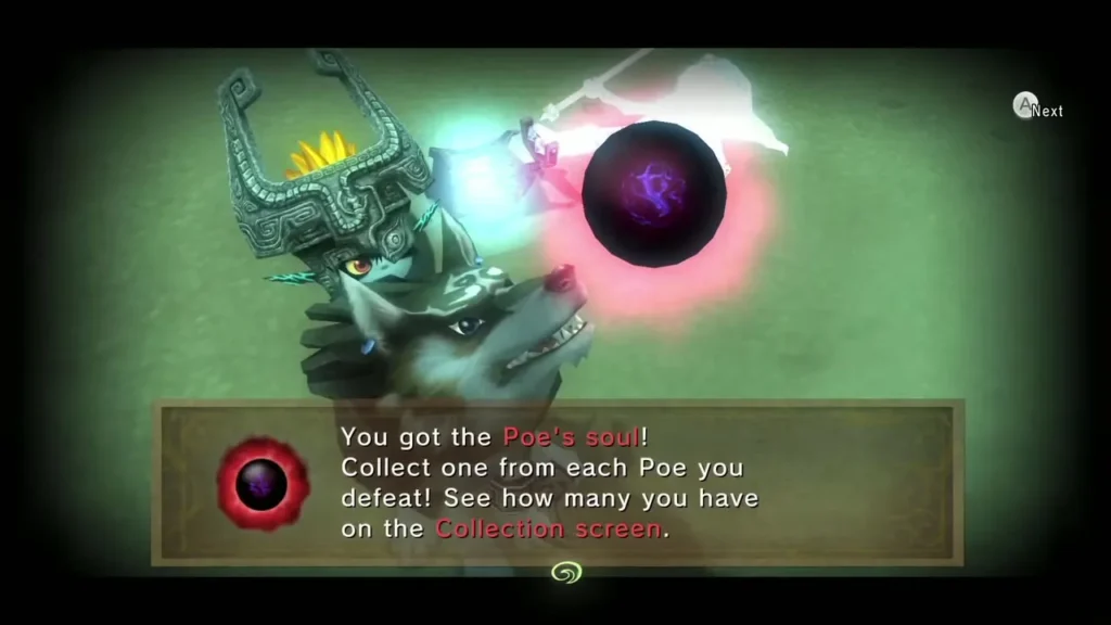 Message box announcing the Poe soul with Midna and Wolf Link Message box announcing the Poe soul with Midna and Wolf Link