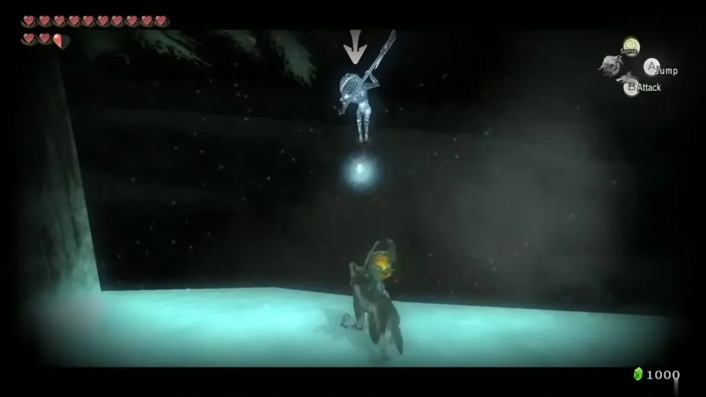 A Poe targeted with an arrow in the dark snow beside Wolf Link A Poe targeted with an arrow in the dark snow beside Wolf Link