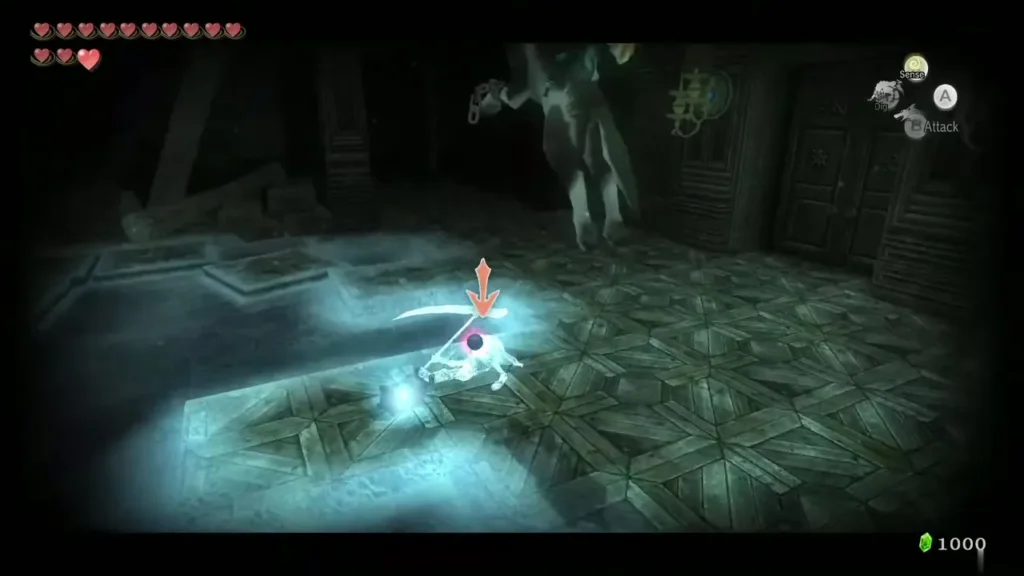 A Poe marked by a red arrow on the patterned floor of the ruins hall A Poe marked by a red arrow on the patterned floor of the ruins hall