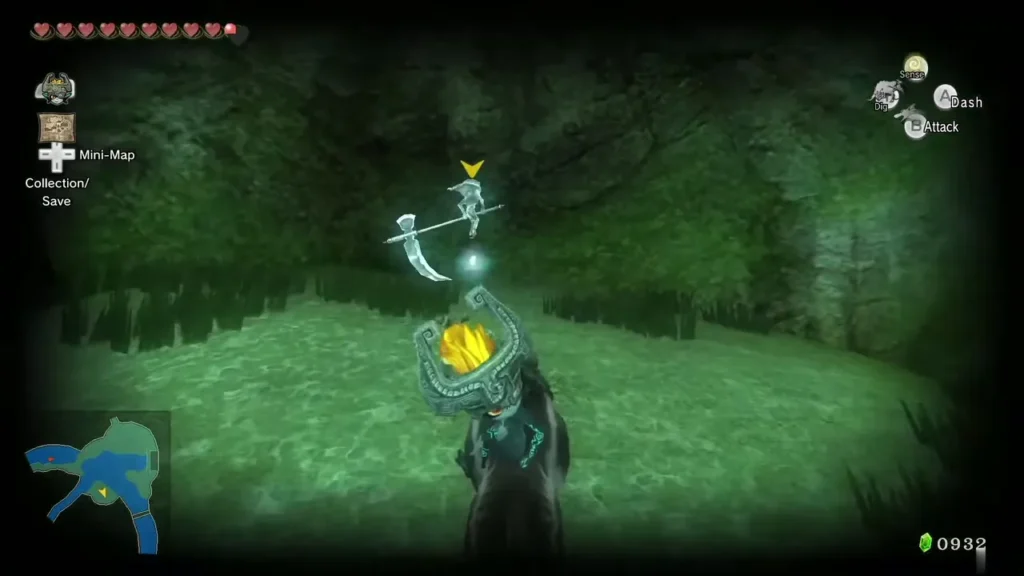 Wolf Link moving through tall grass toward a Poe on the land between the river channels Wolf Link moving through tall grass toward a Poe on the land between the river channels