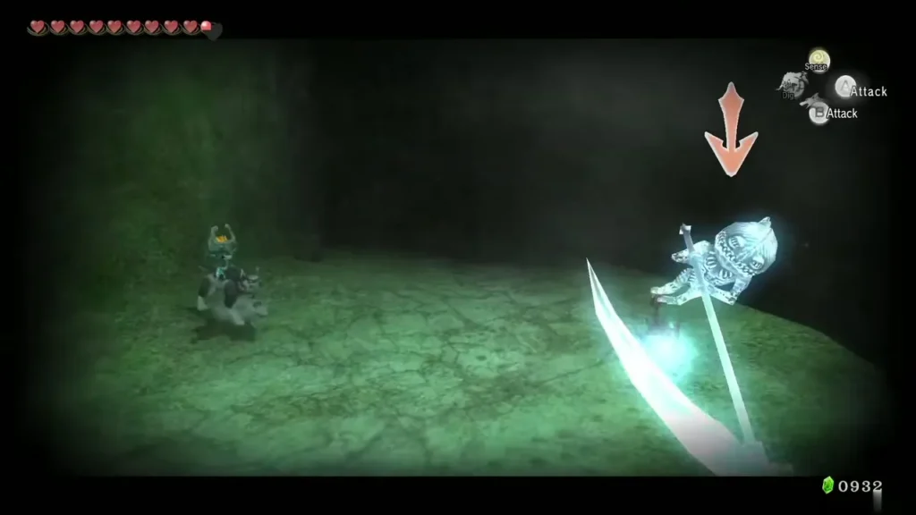 Wolf Link facing a Poe in the green-lit cave with the Finish prompt showing Wolf Link facing a Poe in the green-lit cave with the Finish prompt showing