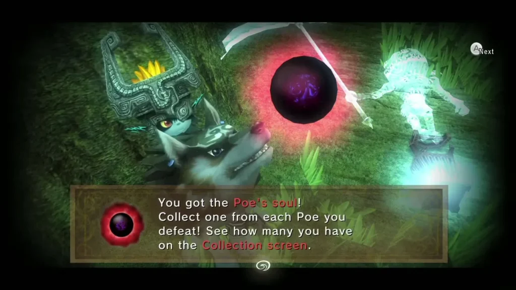 Poe soul message box shown over Wolf Link in the gorge cavern Poe soul message box shown over Wolf Link in the gorge cavern