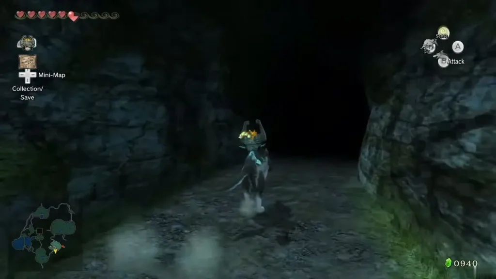Wolf Link walking down the dark gorge cavern tunnel toward its end Wolf Link walking down the dark gorge cavern tunnel toward its end
