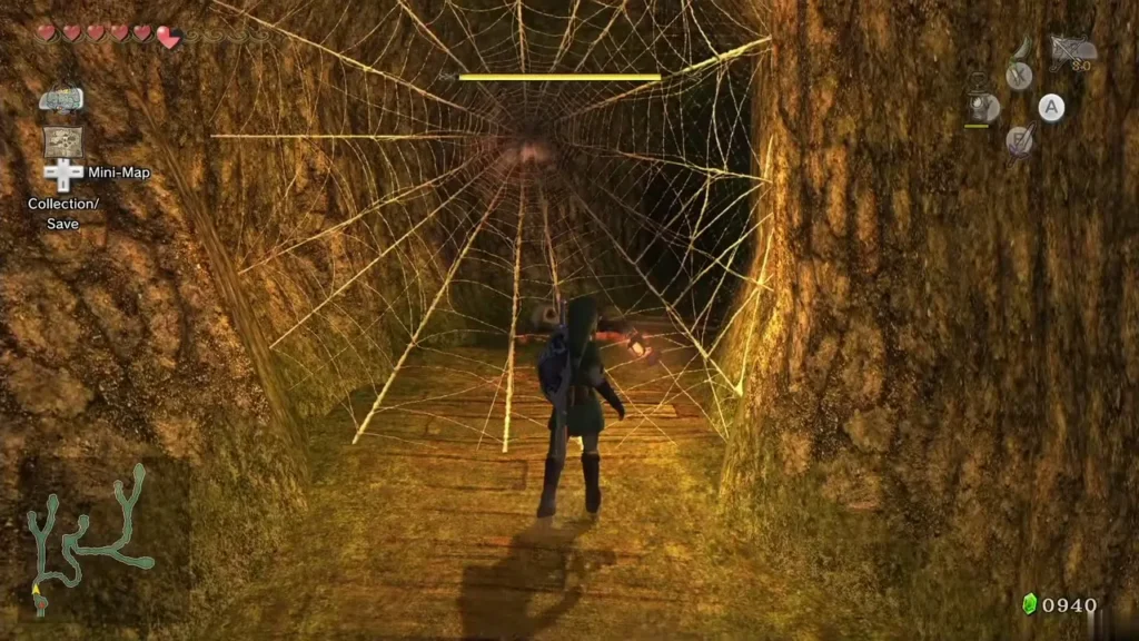 Link in a webbed cave passage lit by burning torches Link in a webbed cave passage lit by burning torches