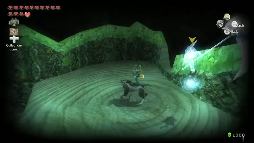 Wolf Link in a green stone circle chasing a Poe near the waterfall area Wolf Link in a green stone circle chasing a Poe near the waterfall area