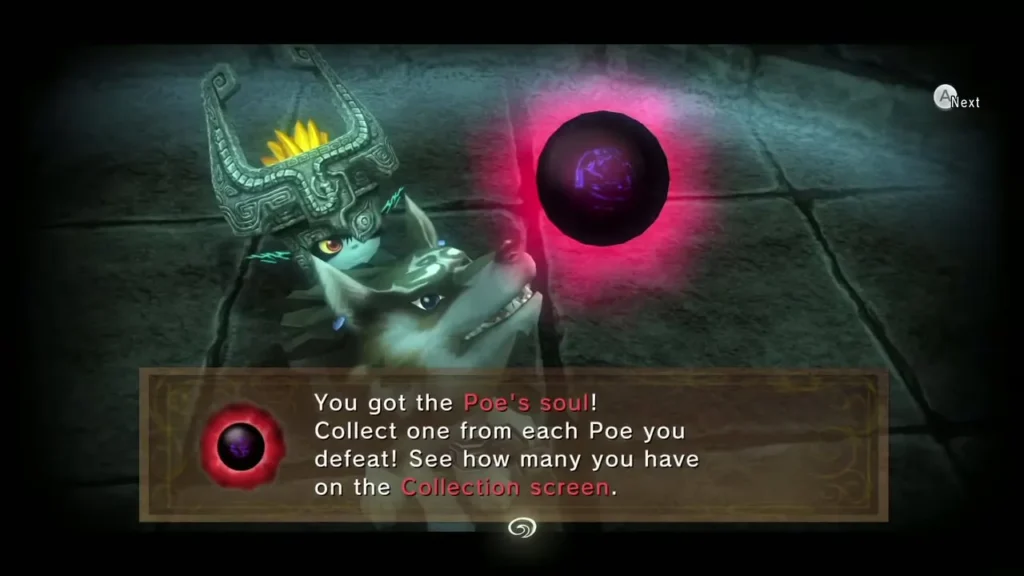 Wolf Link with Midna after uncovering a hidden Poe, with the Poe's soul message Wolf Link with Midna after uncovering a hidden Poe, with the Poe's soul message