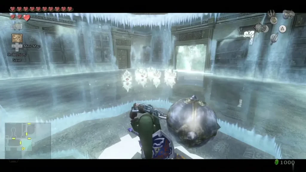 Link holding the Ball and Chain in the frozen Snowpeak Ruins room with ice walls Link holding the Ball and Chain in the frozen Snowpeak Ruins room with ice walls
