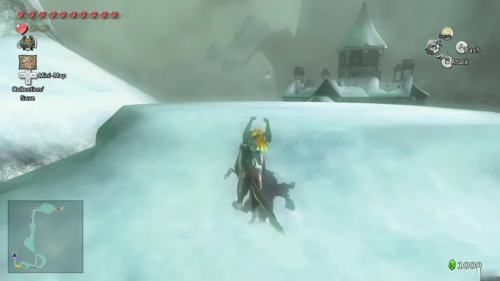 Wolf Link and Midna crossing a snowy hill with the Snowpeak Ruins in the distance Wolf Link and Midna crossing a snowy hill with the Snowpeak Ruins in the distance