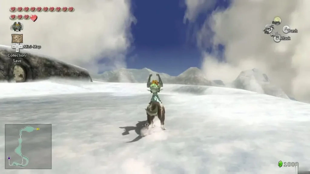 Wolf Link and Midna in the snow near the cave entrance at the Snowpeak summit Wolf Link and Midna in the snow near the cave entrance at the Snowpeak summit