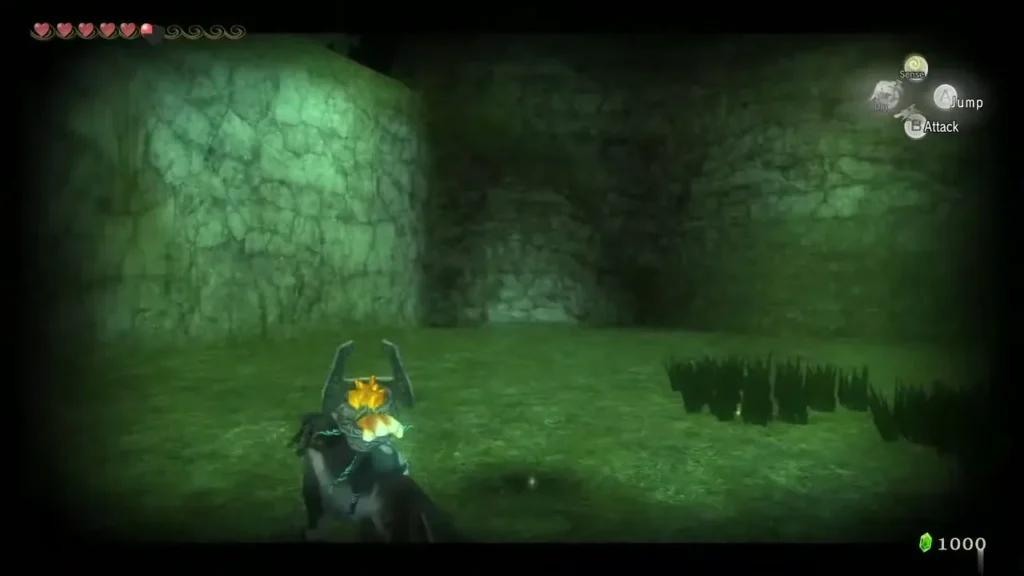 Wolf Link and Midna crossing a grassy hollow beside a mossy stone wall at night Wolf Link and Midna crossing a grassy hollow beside a mossy stone wall at night