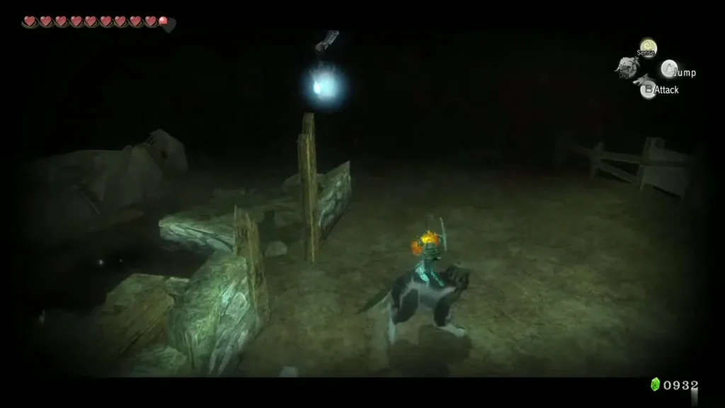 Wolf Link among the broken fences of the ruined storehouse with the Poe overhead Wolf Link among the broken fences of the ruined storehouse with the Poe overhead