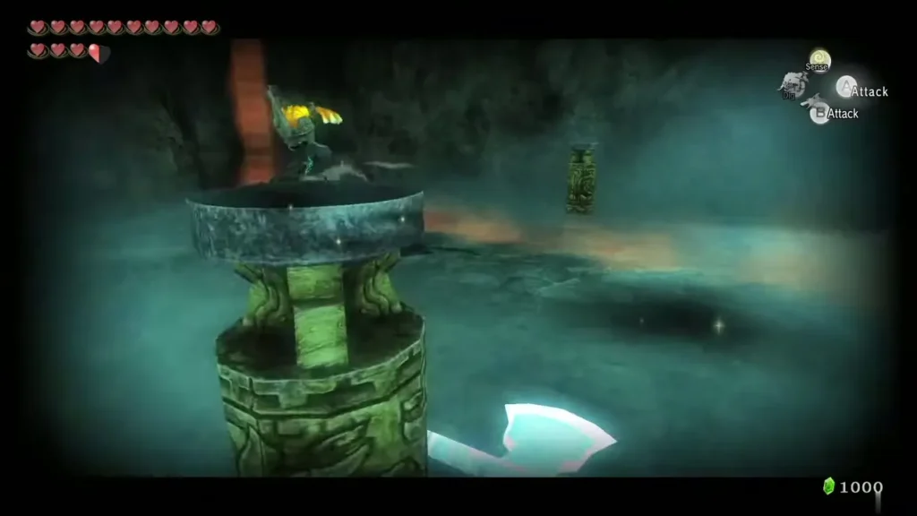 Wolf Link beside a stone pillar in the summit cave with the Poe's light above it Wolf Link beside a stone pillar in the summit cave with the Poe's light above it