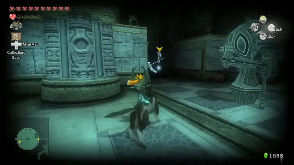 Wolf Link in the Temple of Time seventh-floor room beside a large stone statue Wolf Link in the Temple of Time seventh-floor room beside a large stone statue