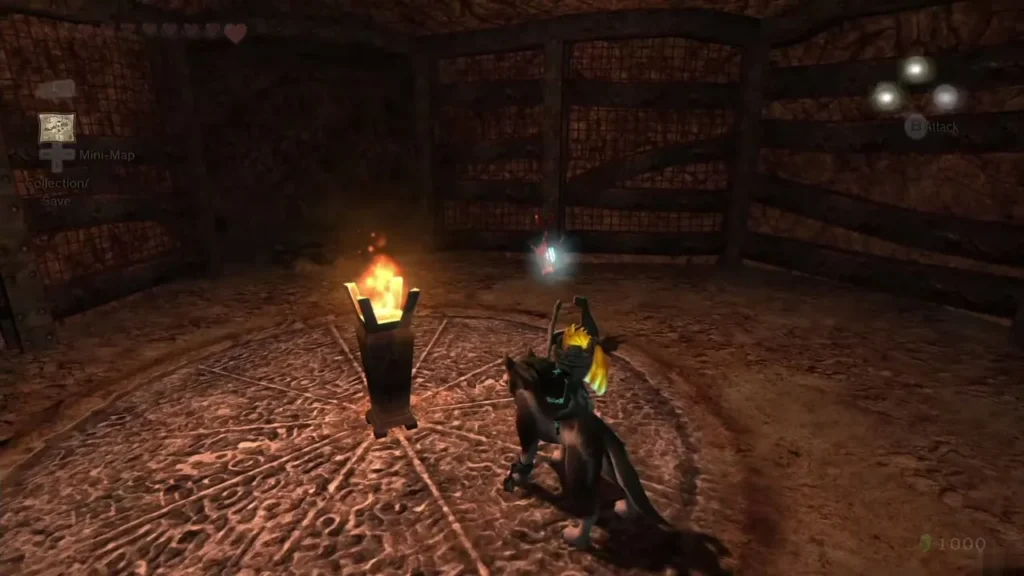 Wolf Link in a torch-lit round chamber with a brazier burning at its centre Wolf Link in a torch-lit round chamber with a brazier burning at its centre