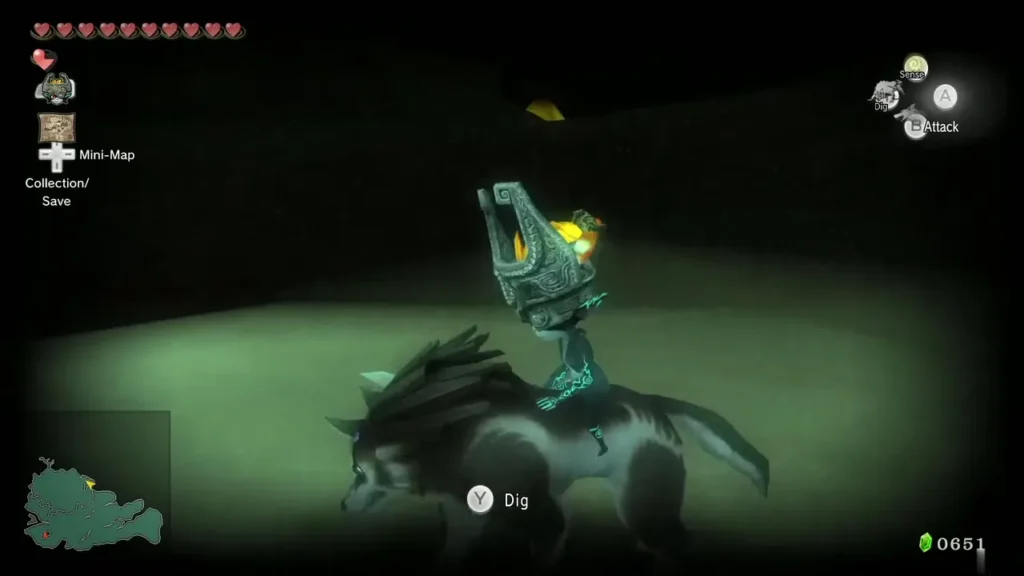 Dig prompt over Wolf Link and Midna in a dark cave Dig prompt over Wolf Link and Midna in a dark cave