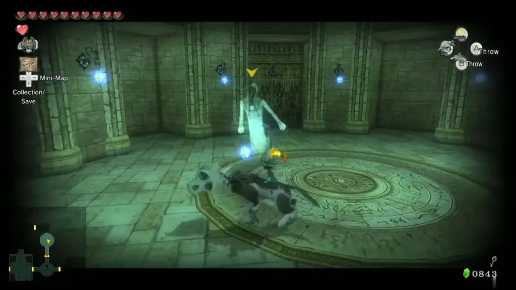 Wolf Link and Midna fighting a Poe in a blue-lit round room Wolf Link and Midna fighting a Poe in a blue-lit round room
