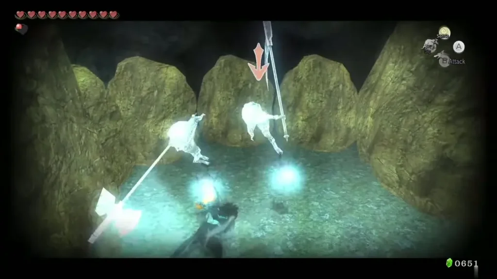 Wolf Link fighting two glowing Poes in a rocky cave Wolf Link fighting two glowing Poes in a rocky cave
