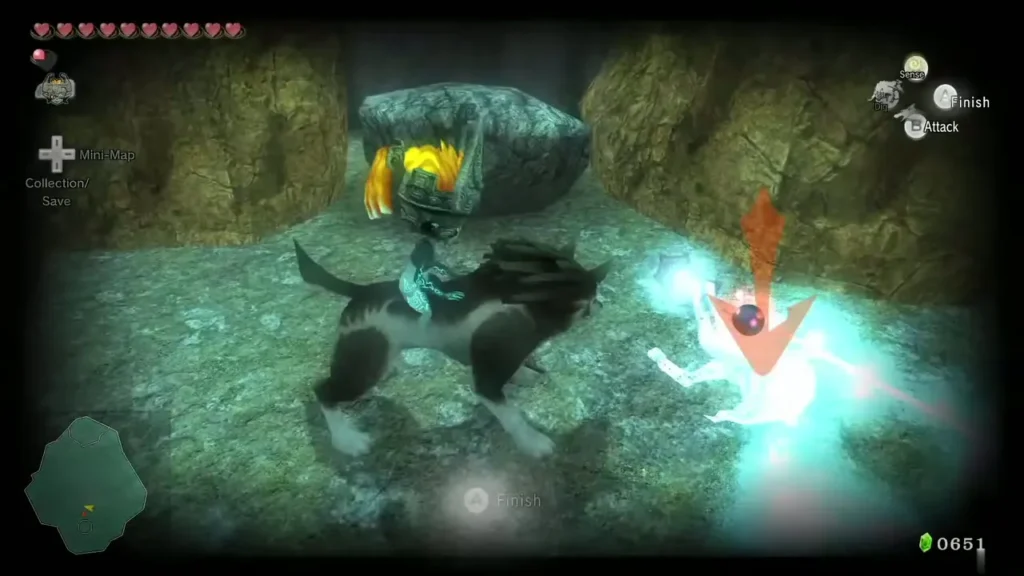 Wolf Link finishing a Poe marked by a red arrow in a cave Wolf Link finishing a Poe marked by a red arrow in a cave