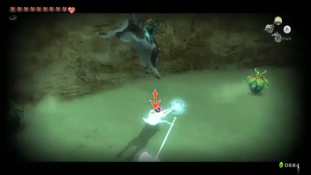 Wolf Link leaping toward a Poe marked by a red arrow Wolf Link leaping toward a Poe marked by a red arrow