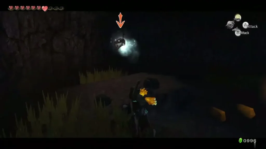 Wolf Link in a dark cave striking a glowing Poe marked by an arrow Wolf Link in a dark cave striking a glowing Poe marked by an arrow