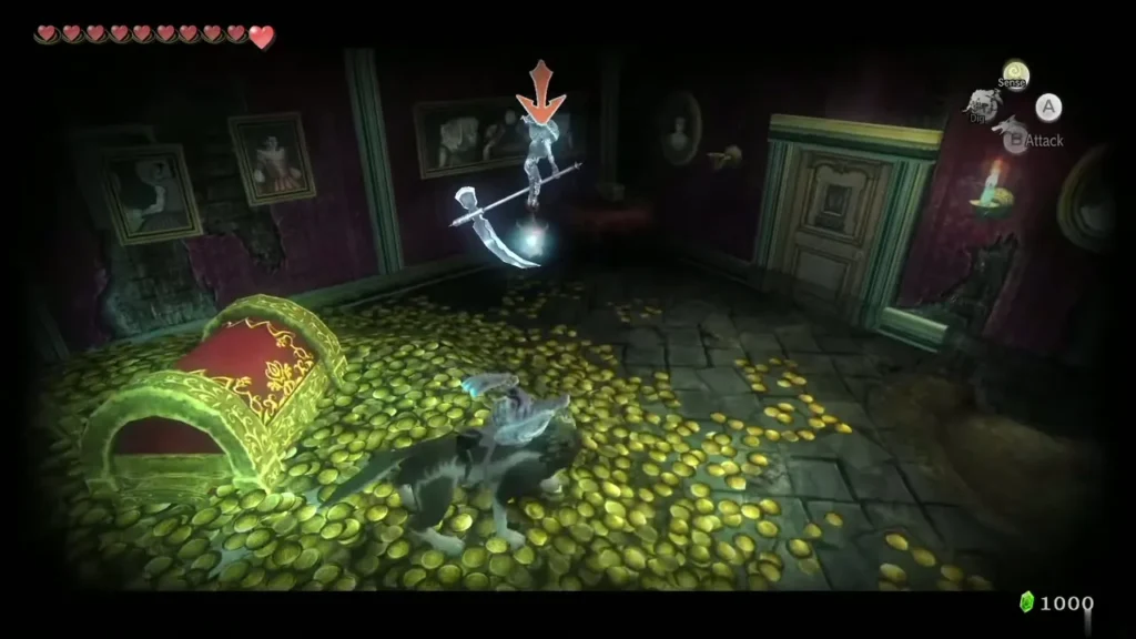 Wolf Link striking a Poe in Jovani's gold-filled room, a red arrow marking it Wolf Link striking a Poe in Jovani's gold-filled room, a red arrow marking it