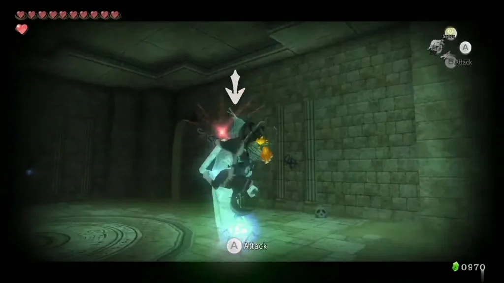 Wolf Link attacking a bright Poe with a red target in a dark hall Wolf Link attacking a bright Poe with a red target in a dark hall