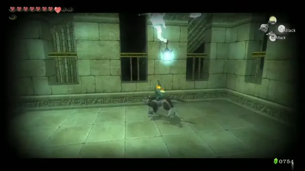 Wolf Link and Midna in a lit stone hall with a Poe spirit above Wolf Link and Midna in a lit stone hall with a Poe spirit above
