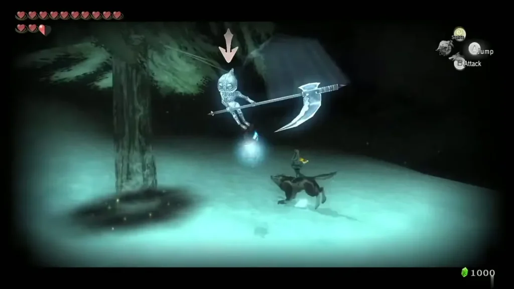 Wolf Link and Midna below a Poe with a red arrow by a tree Wolf Link and Midna below a Poe with a red arrow by a tree