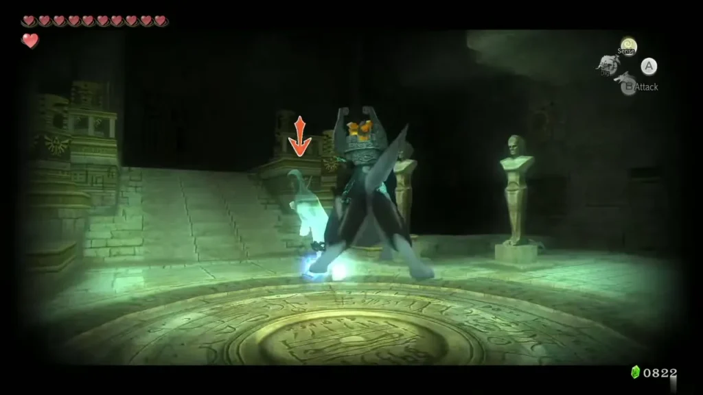 Wolf Link with Midna lunging at a Poe near a stone stairway Wolf Link with Midna lunging at a Poe near a stone stairway