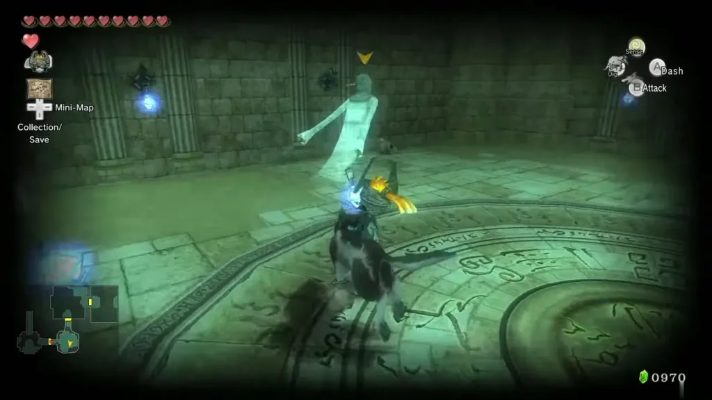 Wolf Link and Midna in a stone chamber with a Poe spirit above Wolf Link and Midna in a stone chamber with a Poe spirit above
